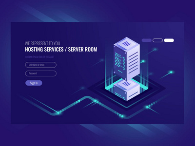 数据搜索优化, 信息服务器, 数据库保护和安全, 服务器机房用放大镜, 商人 It 等距3d 矢量